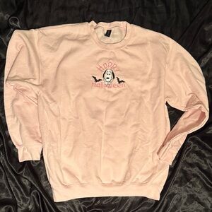 Cute Light Pink 'Happy Halloween' Sweatshirt with Ghost Embroidery